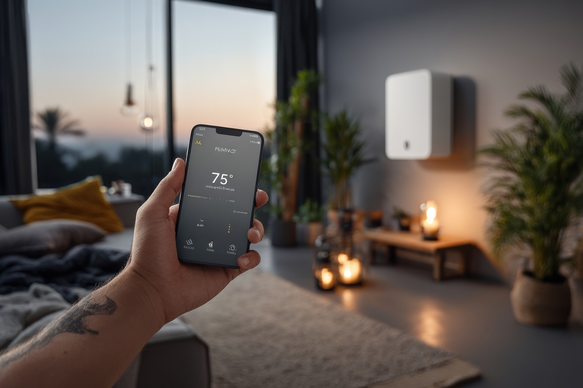 person holding a smartphone, with a smart thermostat in the background